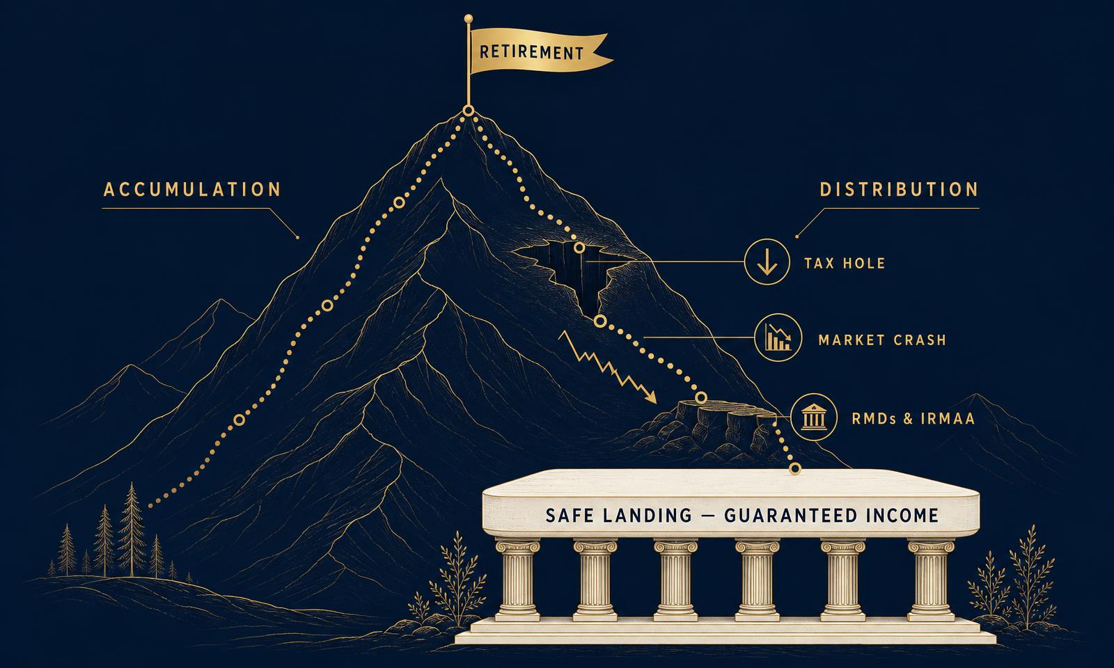 Diagram of the retirement journey: a summit flagged Retirement, a descent past a tax hole and a market crash, and a supported safe landing of guaranteed income