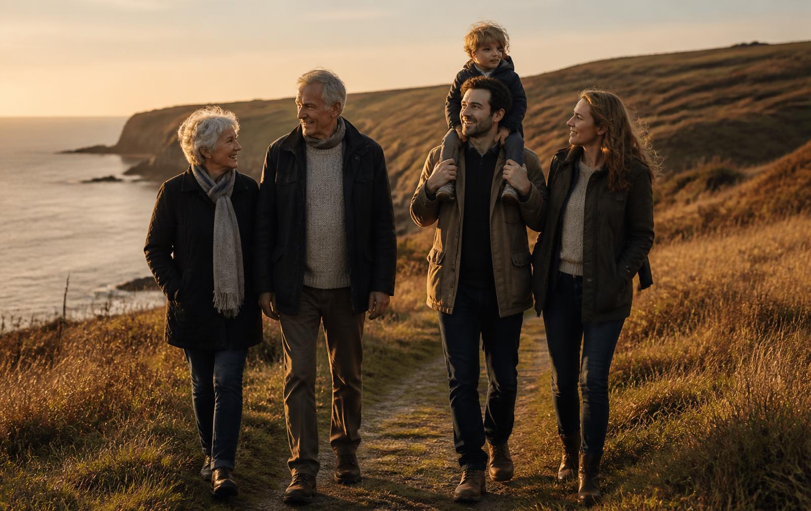 Three generations of a family walking a coastal path at sunset