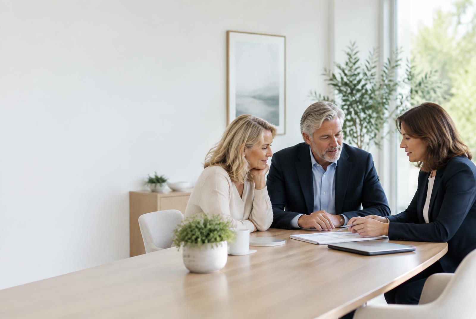 A couple reviewing a coordinated retirement plan with an advisor in a bright office