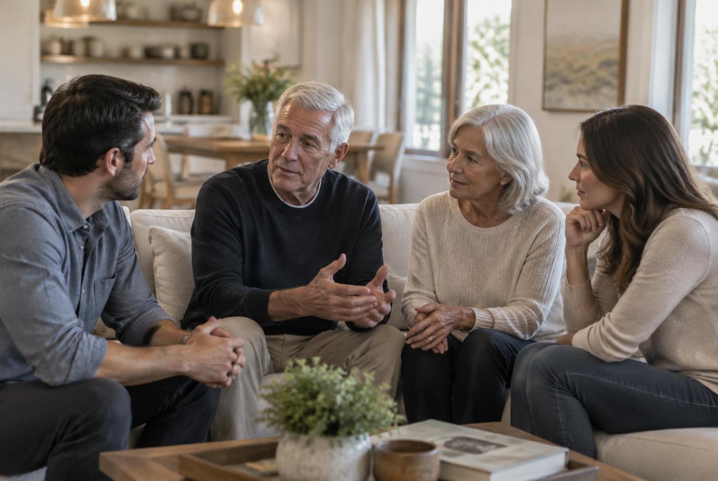 A multigenerational family discussing their future together
